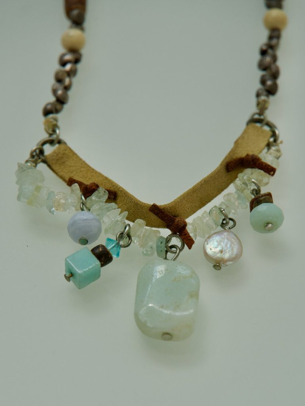 16" Leather Necklace with Mixed Stones and Shell - Picture 2 of 6
